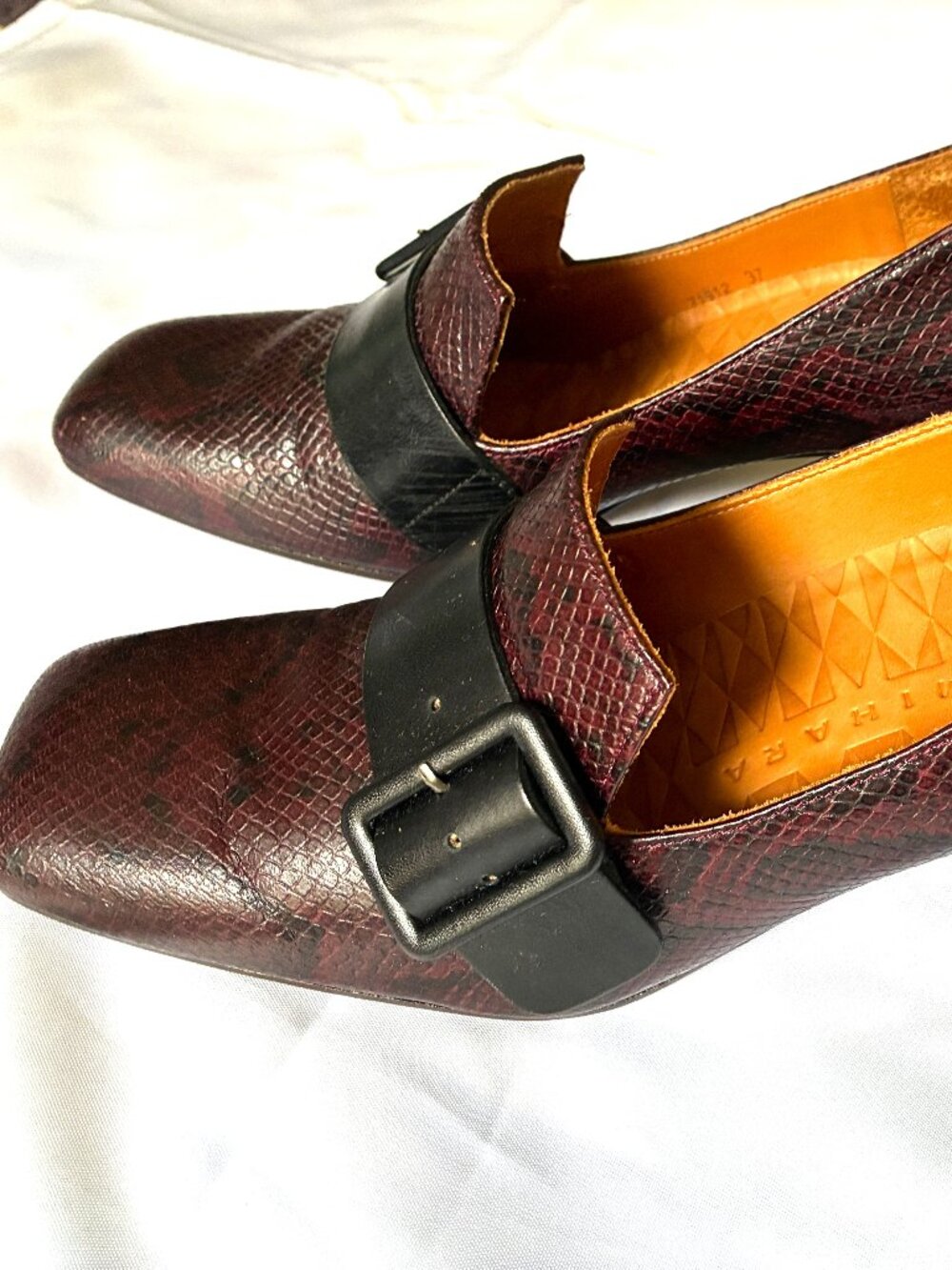 Chie Mihara burgundy leather reptile block-heel pumps